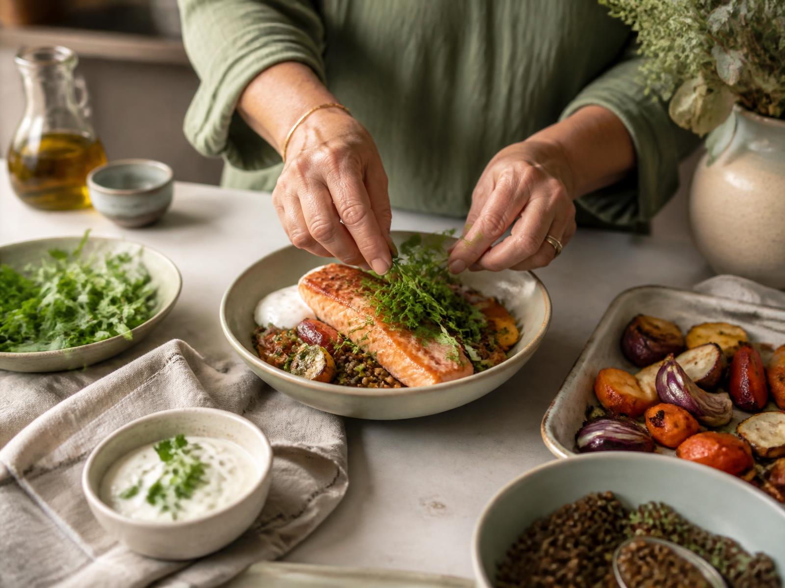 A woman plating a balanced bowl of salmon, lentils, roasted vegetables and fresh herbs