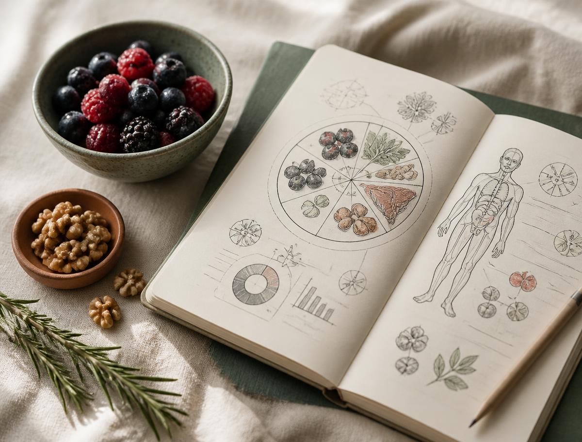 An open notebook of hand-drawn nutrition diagrams beside berries and walnuts